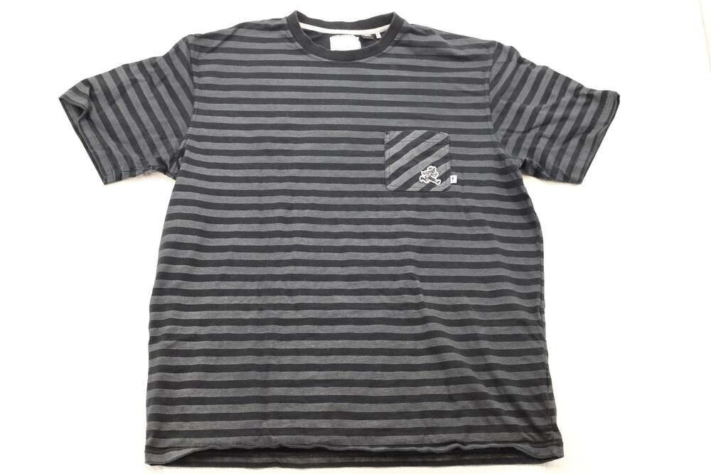 Bounty Hunter Black and Grey Striped Pocket T-Shirt with Graphic Patch